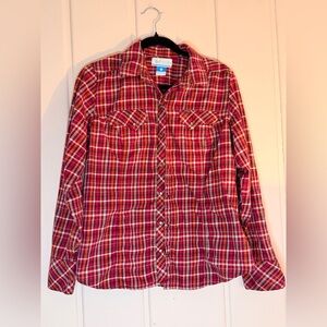 Columbia Womens Red and Orange Plaid Flannel Cotton Shirt Western Snaps sz Large